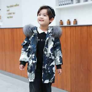 2021新しい子供の冬の迷彩ジャケットファッション男の子パーカー -  30度本物の毛皮の襟厚い女の子スノースーツコート3-10yrs H0909