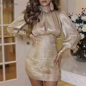 Women Summer Fashion Sexy Lantern Sleeve Hollow High Neck Gold Ladies Mini Dress Elegant Party Vestidos 210525