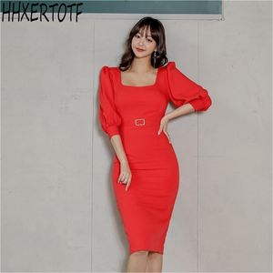 Spring elegant Casual women three quarter Sleeve Women Pencil Sheath Dresses Office Lady Elegant OL Dress 210531