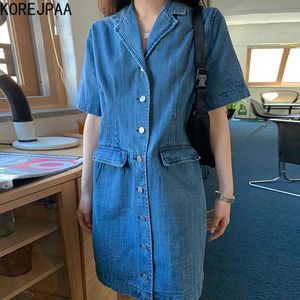 Korejpaa Femmes Habillement Summer Corée Chic dames pour l'âge Retro Retro Revers simple Breas Pocket Blue Blue Denim Vestidos 210526