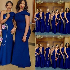 2021 Billiga Sexiga Royal Blue Mermaid Bridesmaid Dresses Wedding Guest One Shoulder Cap Sleeves Golvlängd Plus Storlek Maid of Honor Gowns