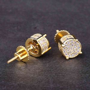 Gold Iced Out Stud Round With CZ Men Punk Earrings Hip Hop Jewelry Streetwear Earring for Whole