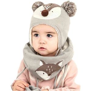 Inverno Bambini Caldo Spessa Ragazze Cappello Sciarpa Guanto 3 pz Set Fox Lavorato A Maglia Bambino Berretti Berretti Scaldacollo Guanti per Ragazzi