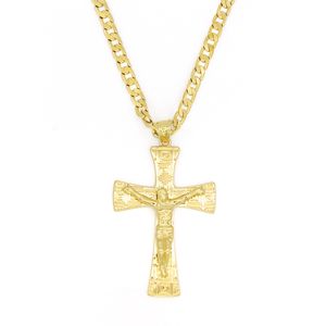 Cadena Grande Colgante Cruz al por mayor-Sólido k de oro amarillo llenado Jesús Amplio encanto cruzado Gran colgante mm con una cadena cubana de MIAMI mm