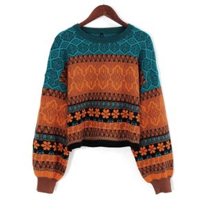여자 짧은 스웨터 레트로 세련 된 컬러 겨울 어린 소녀 따뜻한 의류 니트 꽃 패턴 풀 오버 여성 Y1110