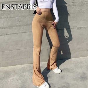 Malha Wide Leg Pant Moda Streetwear Cyber ​​Y2K Estética Cintura Alta Rib Bodycon Flare Calças Mulheres Pantalons S 211115