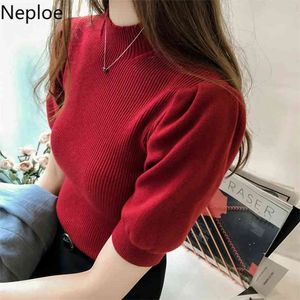 Neploe Knitted T Shirt Summer Solid O Neck Puff Sleeve Female Tops Loose Casual Pullover Slim Fit Ladies Tees 1A1116 210623