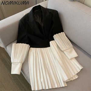 Nomikuma Korea Hit Color Folds Patchwork Blazer Coat Notched Collar Medium-long Suit Jacket Autumn Women Blazers 6Z998 211122