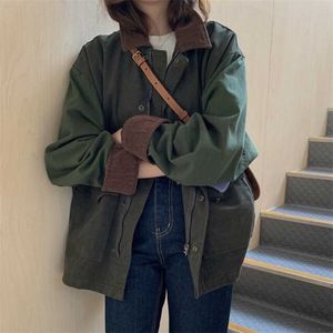 Korean tjock höst vintage lapel casual stil lös full lykta ärmrockar och jacka armé green streetwear 211029