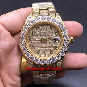 Tam Elmas Lüks 43mm Pençe Çerçeve Otomatik Adam İzle, Yüksek Kaliteli Paslanmaz Çelik CZ Tamamen Buzlu Diamonds Arapça Dial erkek Saatler Altın Kabuk 2685