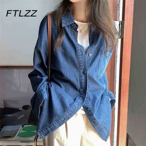 Women Vintage Denim Blouse Fashion Korean Loose Oversize Casual Long Sleeve Shirts Woman Streetwear Blue Jean Tops 210525