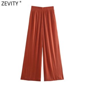 Zevity Women Fashion Solid Color Pleys Szeroko nogi Spodnie Kobiet Chic Elastyczny Talii Boczne Kieszenie Casual Letnie Długie Spodnie P1142 210925