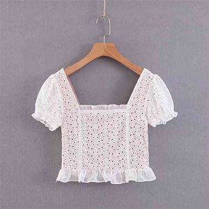 Sweet Girls Puff Sleeve Smock Fashion Female Ruffles Embroidery Hollow Out Square Collar Short Tops Casual Ladies Blusas 210531