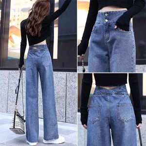 Bredt ben jeans för kvinnor blå lösa byxor hög midja casual stor storlek raka byxor pojkvän rak mamma streetwear 210809