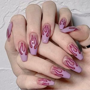 Chama brilhante roxo ombre unhas caixão pressione em extra longas falsas unhas frescas fogo acrílico capa plena prego para mulheres e meninas