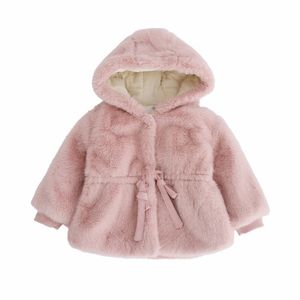 Mädchen-Kapuzen-Plüschjacke, Kinderjacken, warme Kinderjacke, Jungen-Baby-Winterkleidung, flauschige Jacke, Mantel, Outdoor, Krawatte, Schleife, 211023