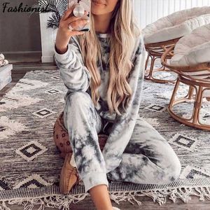 Kobiety Dorywczo Tie Dye Dres Pijama Strona główna Dwuczęściowy Zestaw Lounge Wear Blue Suit Loose Stroje Ropa Mujer Wiosna Odzież 210709