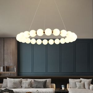 Leichte Luxus-Pendelleuchten, Perlenkette, Ring, weiße Glaskugel, LED-Deckenleuchter, französische Wohnzimmerlampe, Schlafzimmerlampe