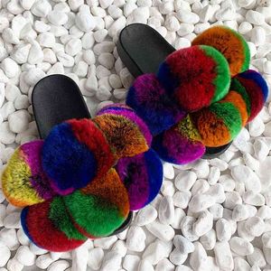 POM Kürk Terlik Kabarık Kaydırıcılar RY Sandalet Gerçek Tavşan Slaytlar Çok Renkli Özelleştirmek 210622