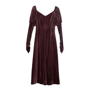 PERHAPS U Women Wine Red Velvet V Neck Long Sleeve Midi Mid-calf Dress Elegant Autumn D3078 210529