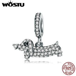 WOSTU 100% 925 Sterling Silver Dog Poppy Dachshund Round CZ Stone Dazzling Sparkling Beads for Lady Brand Charm Bracelet CQC709 Q0531