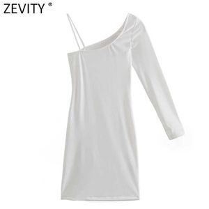 Zevity Frauen Sexy Single Shoulder Asymmetrisches Hemdkleid Weiblich Chic Side Zipper Weiß Casual Slim Mini Vestidos DS8276 210603