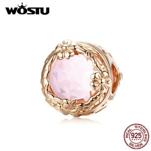 Wostu Rose Gold Flower Beads 100％925スターリングシルバー淡いピンクジルコンチャームフィットオリジナルブレスレットペンダント女性ジュエリーCQC1258 Q0531