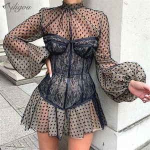 Women's Summer Dress Party Tight Sexy Black Lace Lantern Sleeve White Corset Mini Club Costume 210527