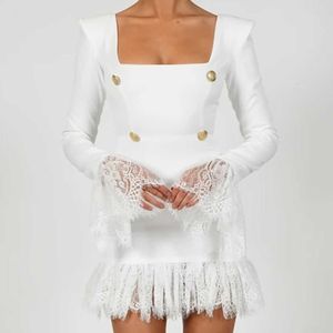 Ocstrade Bandage Dress Lace Stitching White Bodycon Ankomster Kvinnor Långärmad Nattklubb Party ES 210527