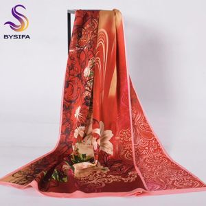 Sjaals Bysif Mode en sjaals Dames Winter Donkerrode Lily Flower Design Brand Crepe Satin Silk Lange Wraps Bufandas