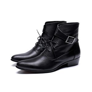 Botas masculinas Botas Preto Genuíno de Couro Genuíno Botas Short Botas Lace-up Fivelas Botas de Moda para Homens Zapatos de Hombre