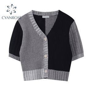 Koreansk stil O-nacke kort stickad tröja tunna cardigan knapp upp sommar casual mode patchwork crop topp kvinna 210917