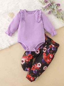 Bebê plissado acabamento flounce manga bodysuit impressão floral cantada calça ela