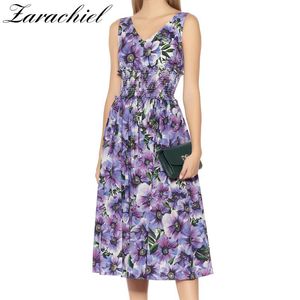 Lässige Kleider Sizilien Feiertage Lila Blumendruck Runway Kleid Damen ärmellos V-Ausschnitt elastische Taille Tank weiblich Sommer Midi