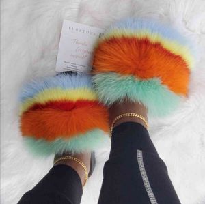 Votoda Mulheres Chinelos de Verão Moda Pele Sandálias Fluffy Fox Fur Chintos Flops Senhoras Casa Plana Chinelos Soft não-Slip Shoes H1122