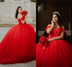 2022 Einfache rote Ball-Quinceanera-Kleider mit Blumen, Blumenspitze, Ballkleid, Tüll, Abschlussfeier, Geburtstagsfeier, süßes 16-Kleid für Mädchen