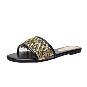 Elegante Frauen Hausschuhe Goldene PU Leder Gewebt Sandalen Wohnungen Maultiere Plus Größe 42 Strand Slide Mode Flip-Flops zapatos de mujer