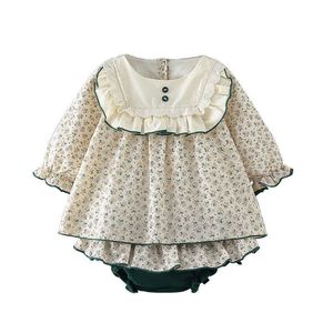 Korean Baby Girls Floral Dress born Princess Dresses with Pants Children Cotton Clothes Birthday Christening Frocks 210615