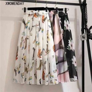 Kvinnor Chiffon Floral Pläterad Midi Skirt Vår Sommar Koreansk stil Hög Midja Bandage S Elegant Svart Vitskola 210708