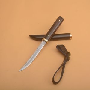 In magazzino!! Coltello dritto piccolo VG10 Lama in acciaio damasco Drop Point Ebano + Manico in acciaio inossidabile Coltelli portachiavi EDC per esterni