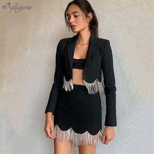 Summer Fashion Patchwork Tassel Suit Runway Ladies Long-Sleeved Short Top Line Skirt Black Two-Piece Female 210527