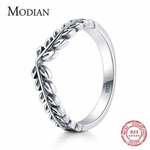 100% Genuine 925 Sterling Silver Classic Stackable Vintage Lucky Tree Leaf Finger Ring For Women Anniversary Jewelry Gift 210707