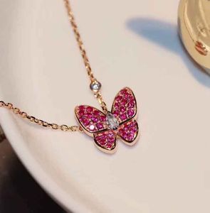 S925 silver New arrival Butterfly shape with fuchsia and white diamond necklace in 18k rose gold plated for women wedding jewelry gift free