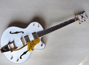 Оптом белая полупальная электрическая гитара с баром тремоло, фрета розового дерева, золотое оборудование, может быть настроена