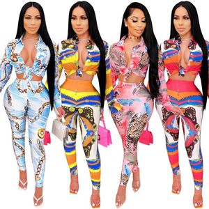 Damen Zweiteilige Hose Zoctuo Print Set Langarm Outfits Mode Umlegekragen Bandage Hemd Hose Trainingsanzug