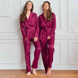 Hiloc Satin Piżamy dla kobiet Sleepwear Silk Pure Color Z Długim rękawem Dwuczęściowy zestaw z Sashes Red Różowy Odzież wiosna 210809