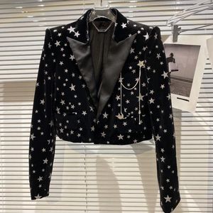 Spring New design women's fashion turn down collar velvet fabric paillette shinny stars pattern long sleeve short jacket coat SML