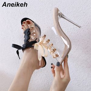 Aneikeh Fashion PVC Women Slippers Transparent Round Toe Shoe Slides Lace-Up Slip-On Thin Heels Black Apricot PU Size 35-42 210310