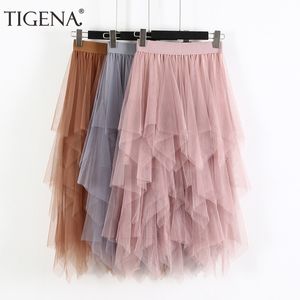 Tigena Long Tulle Skirt 여성 패션 봄 여름 높은 허리 Pleated Maxi 치마 여성 분홍색 화이트 블랙 스커트 태양 210309