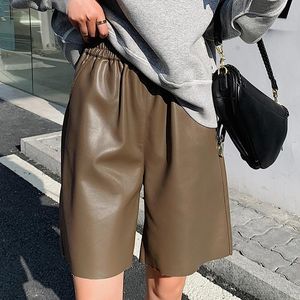 Women's Shorts Black Brown Leather Knee Length Women Korean Style Pockets High Waist Loose Wide Leg Female Faux Pu 2022